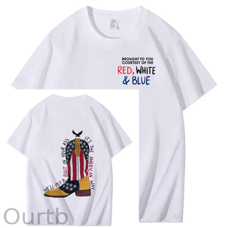 Red White And Blue Pattern Print 100%Cotton T-Shirt