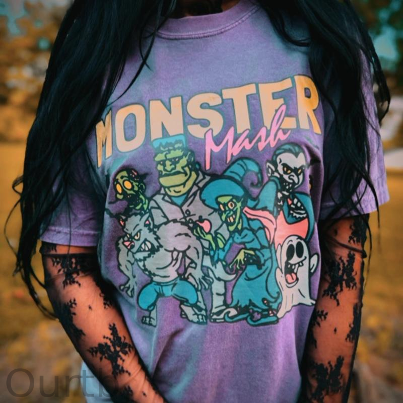Monster Washed And Distressed Pattern Crew Neck T-Shirt