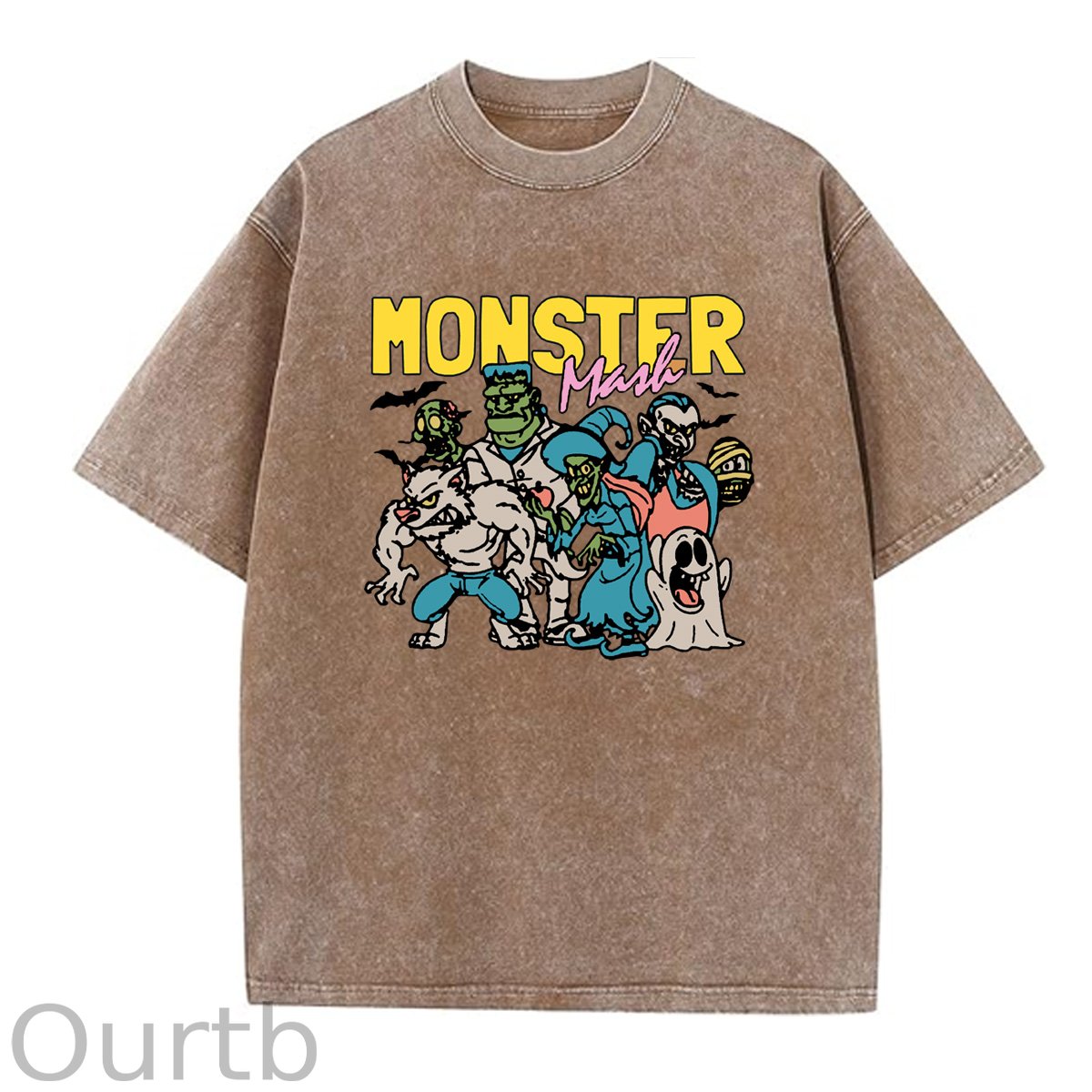 Monster Washed And Distressed Pattern Crew Neck T-Shirt