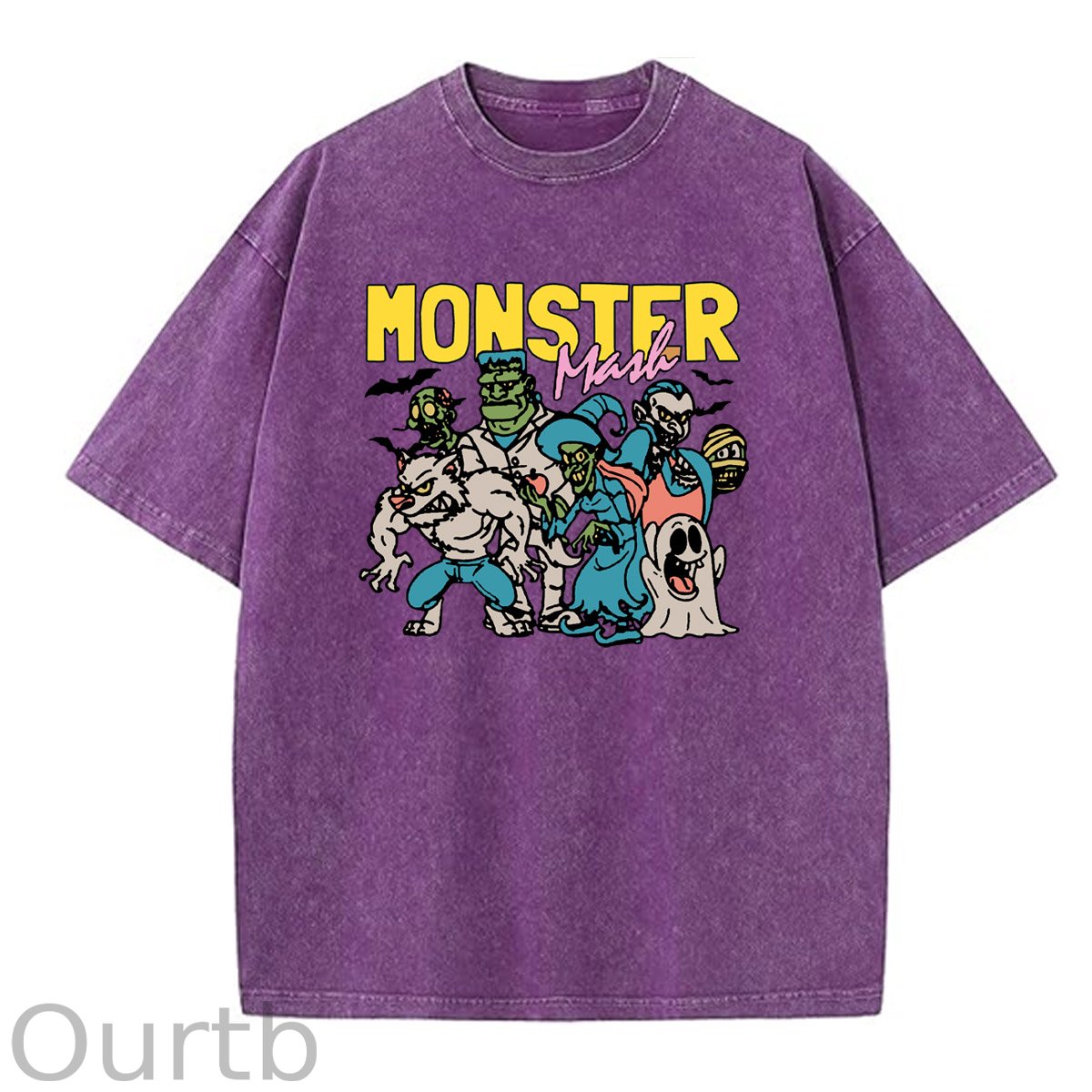 Monster Washed And Distressed Pattern Crew Neck T-Shirt