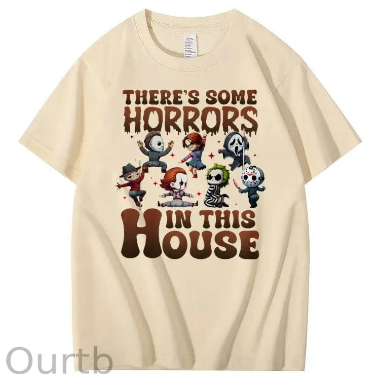 There's Some Horros In This House Pattern Print 100%Cotton T-Shirt