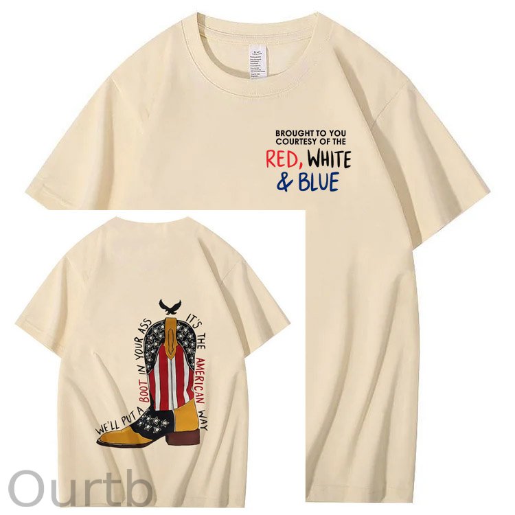 Red White And Blue Pattern Print 100%Cotton T-Shirt