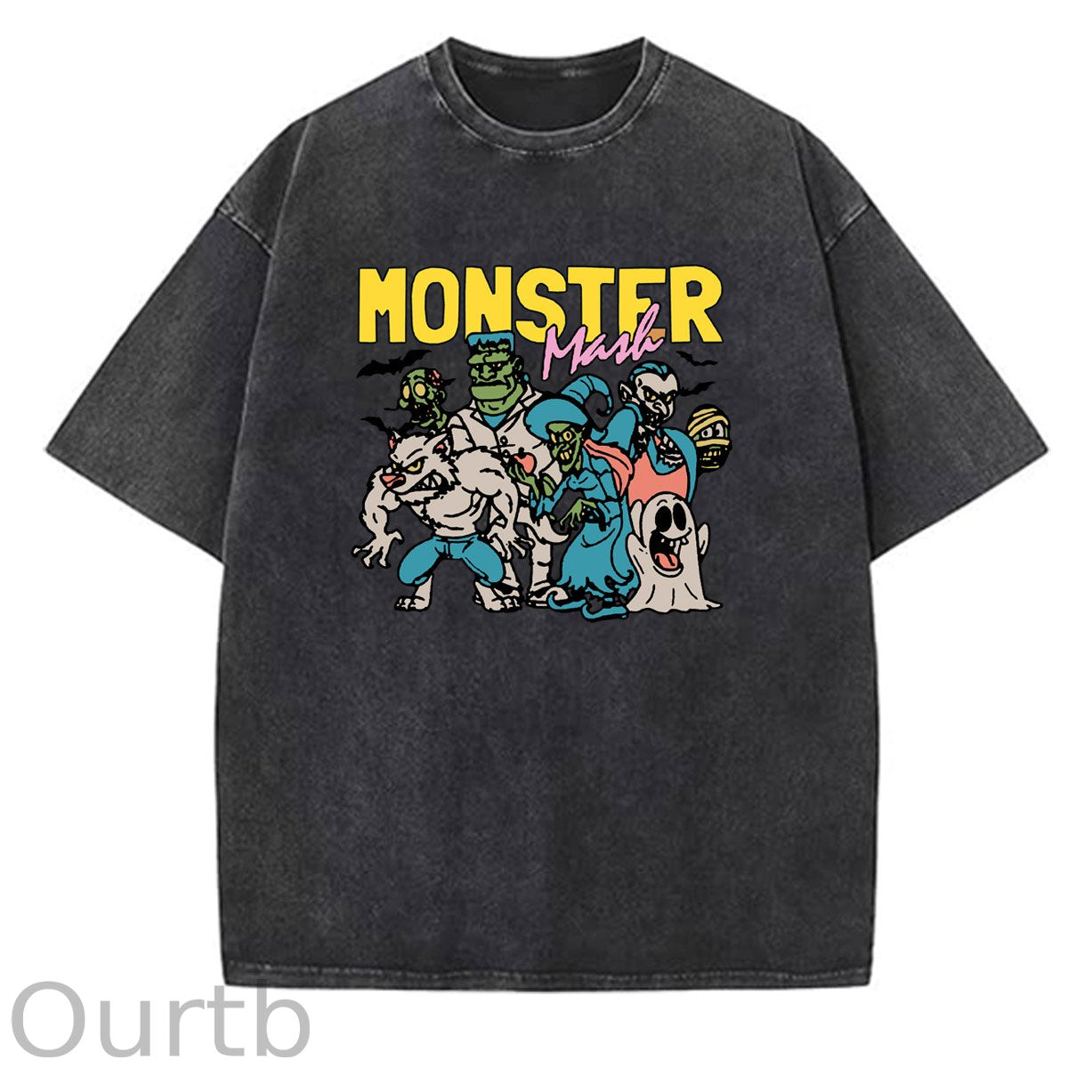 Monster Washed And Distressed Pattern Crew Neck T-Shirt