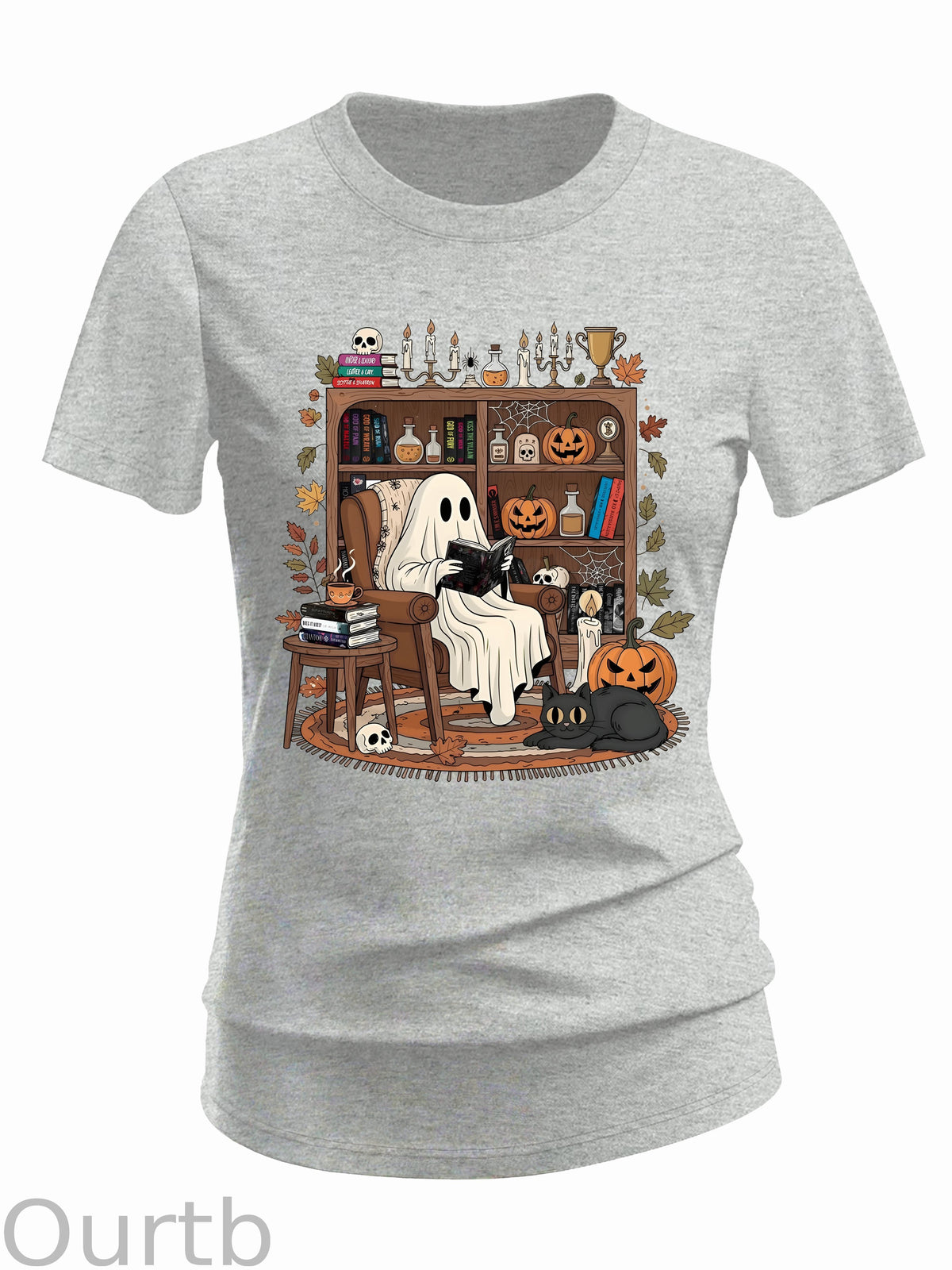 Women's Retro Cozy Ghost Reading Halloween 100% Cotton T-Shirt