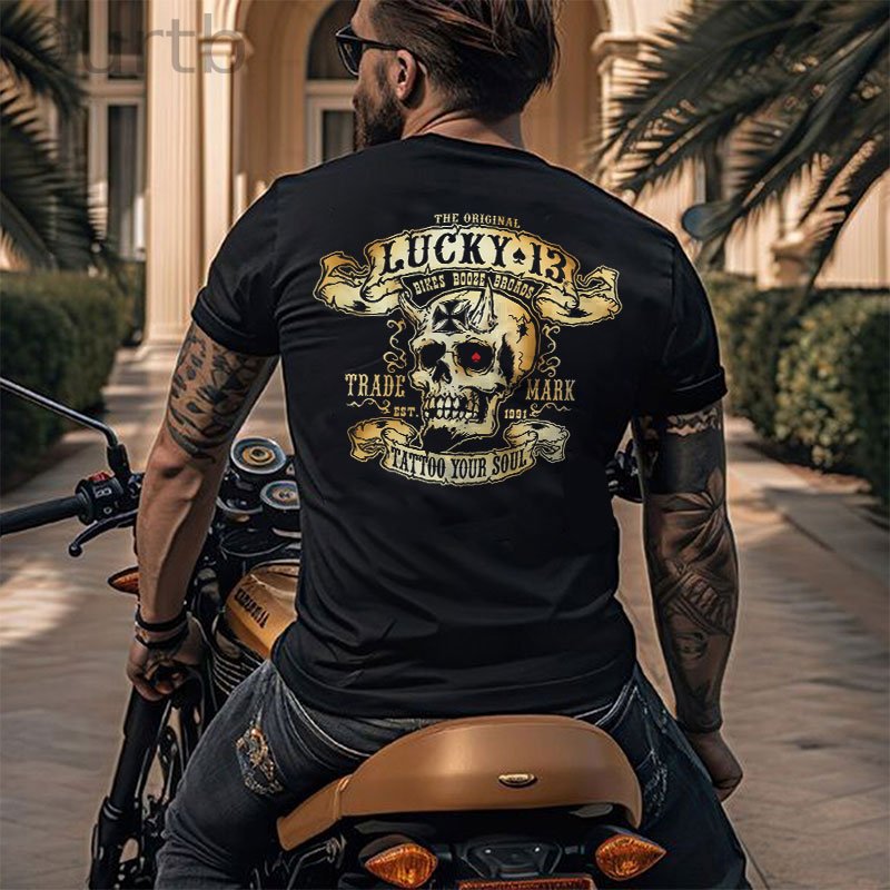 LUCKY THIRTEEN Skull Black Print T-shirt