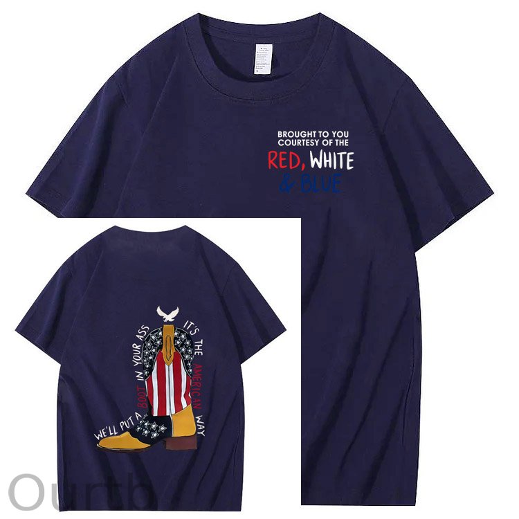 Red White And Blue Pattern Print 100%Cotton T-Shirt