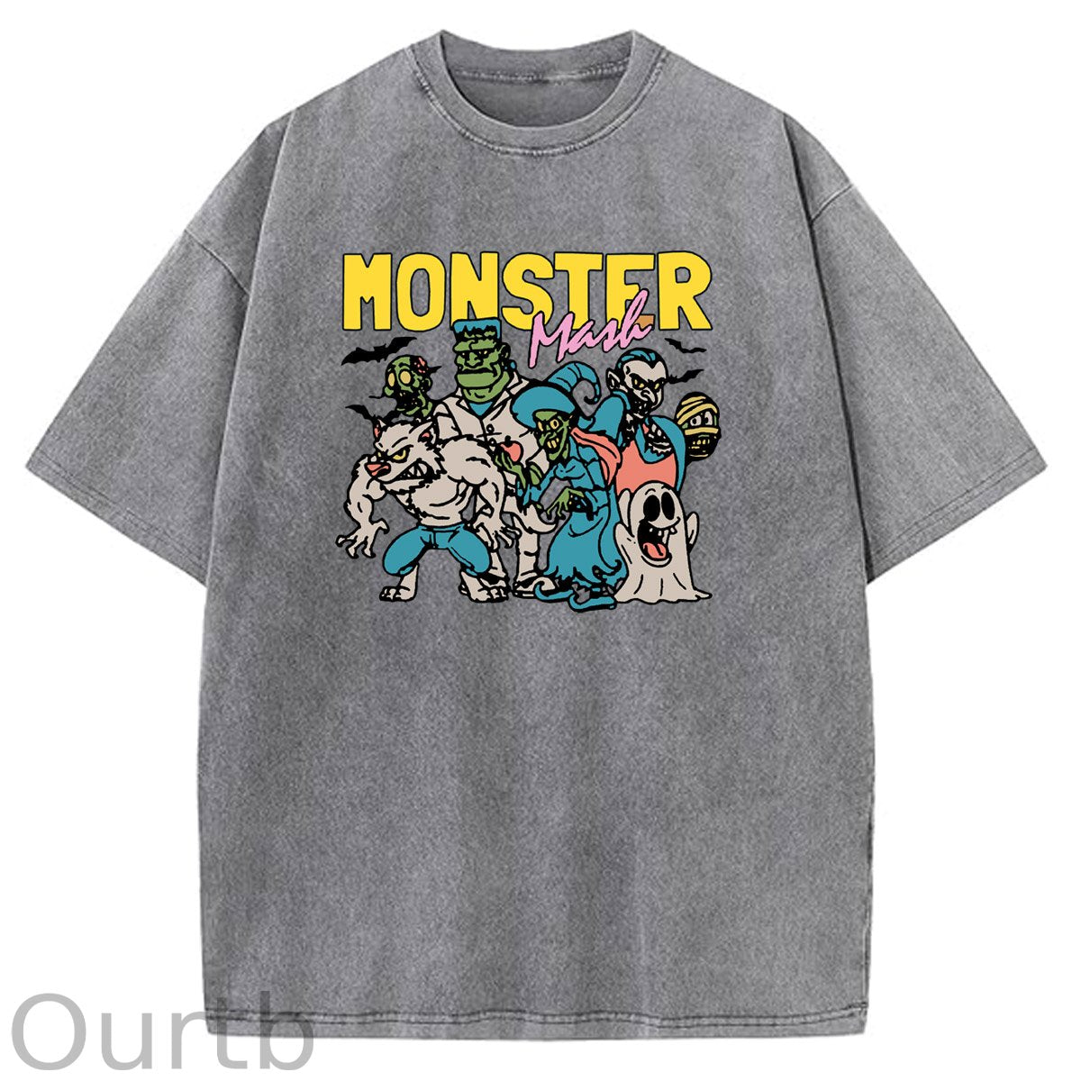 Monster Washed And Distressed Pattern Crew Neck T-Shirt