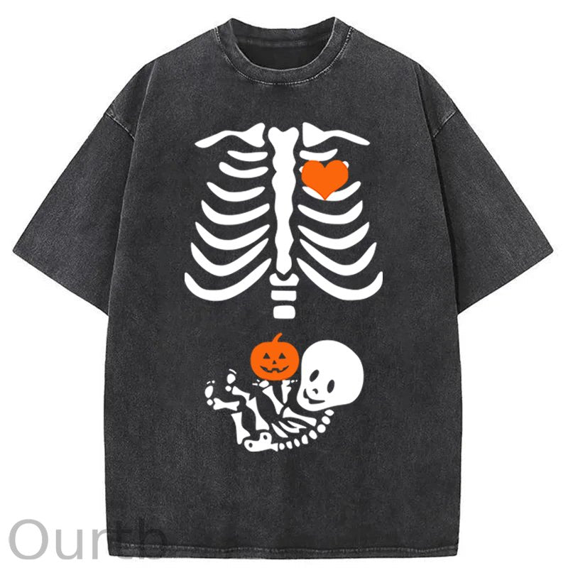 Skeleton Halloween Maternity Pregnancy Announcement Fall Mom Washed Cotton T-Shirt