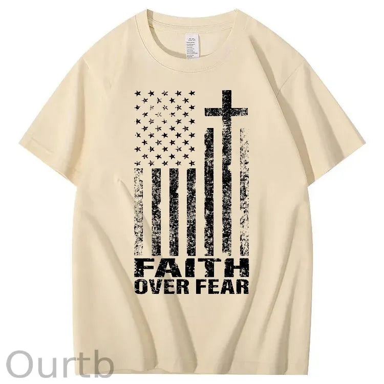 Faith Over Fear Amercian Flag Pattern Printing Print Crew Neck T-Shirt