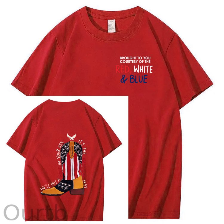 Red White And Blue Pattern Print 100%Cotton T-Shirt