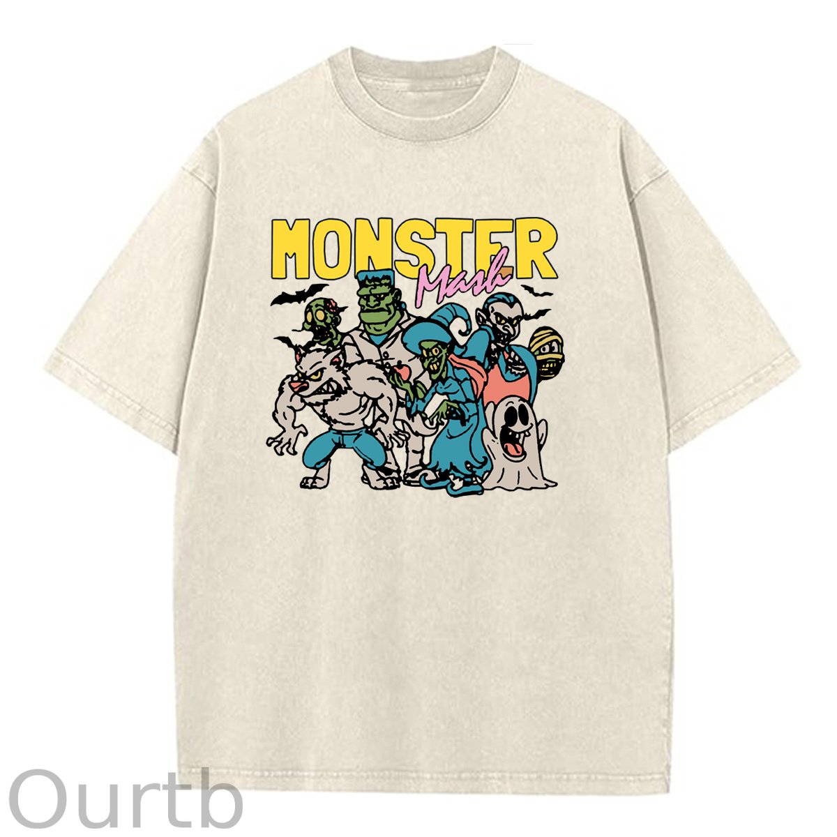 Monster Washed And Distressed Pattern Crew Neck T-Shirt