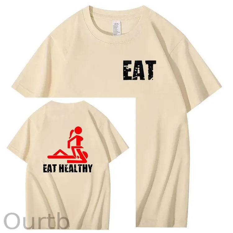 Eat Healthy Pattern Print 100%Cotton T-Shirt