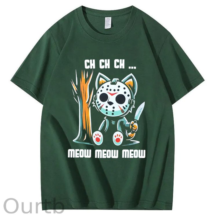 Halloween Funny Cat Lovers Ch Ch Ch Pattern 100% Cotton T-Shirt