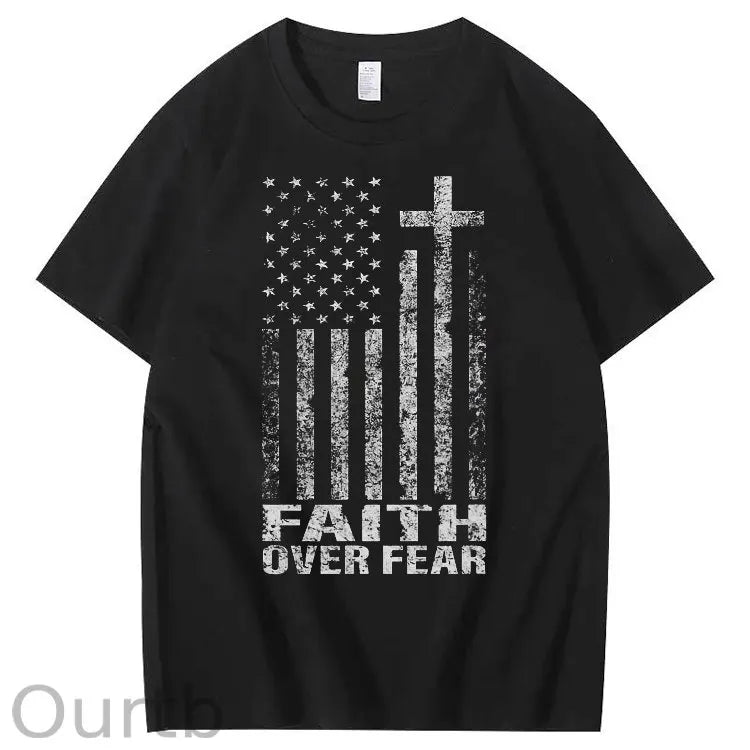 Faith Over Fear Amercian Flag Pattern Printing Print Crew Neck T-Shirt
