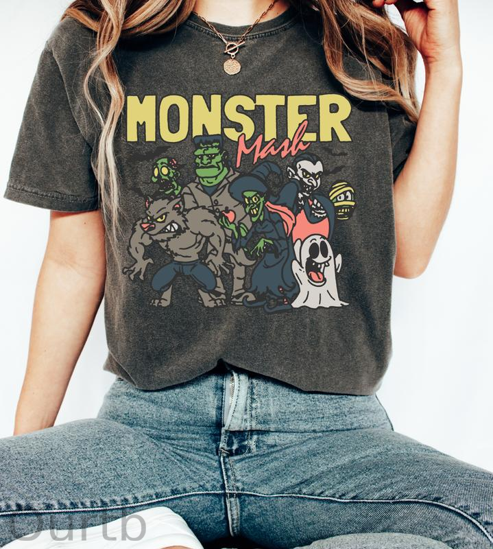 Monster Washed And Distressed Pattern Crew Neck T-Shirt