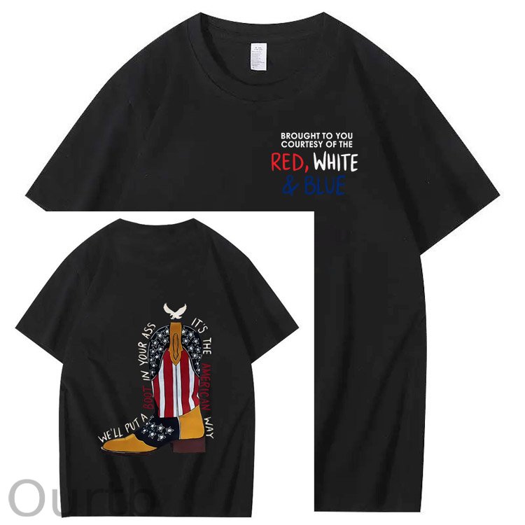 Red White And Blue Pattern Print 100%Cotton T-Shirt
