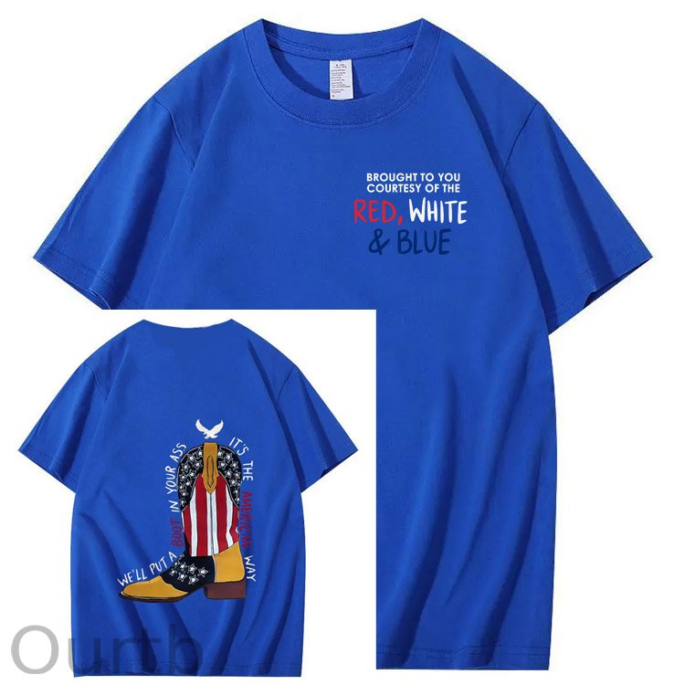 Red White And Blue Pattern Print 100%Cotton T-Shirt