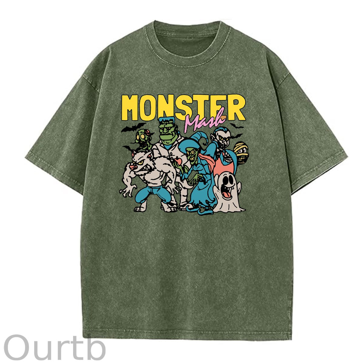 Monster Washed And Distressed Pattern Crew Neck T-Shirt
