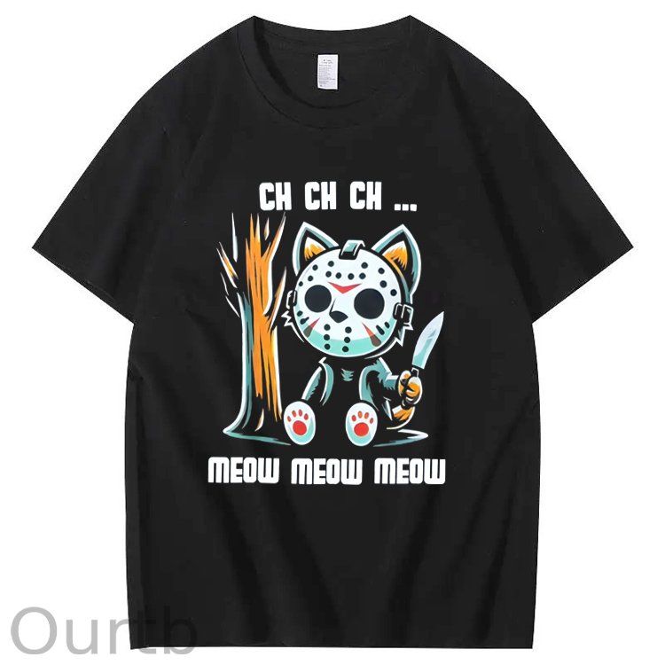 Halloween Funny Cat Lovers Ch Ch Ch Pattern 100% Cotton T-Shirt