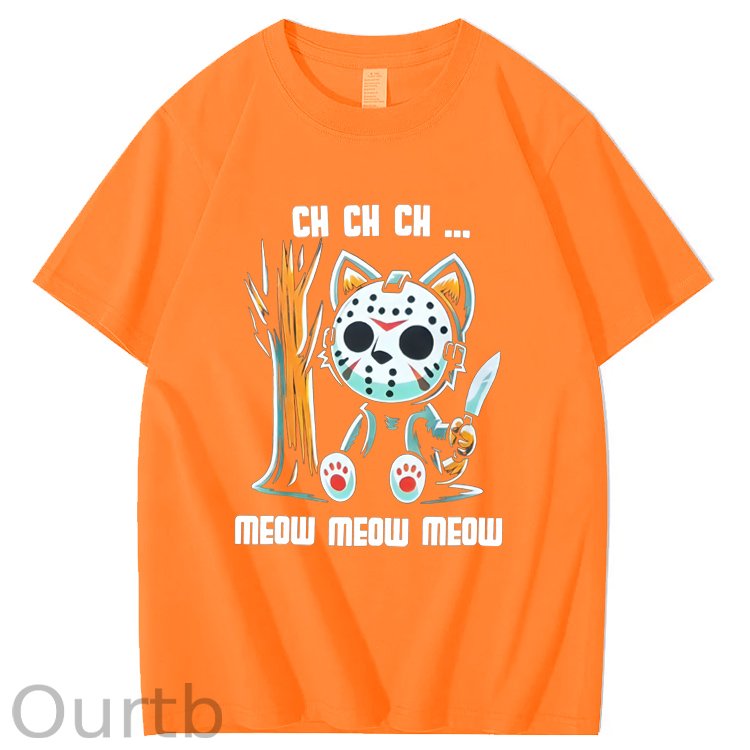 Halloween Funny Cat Lovers Ch Ch Ch Pattern 100% Cotton T-Shirt