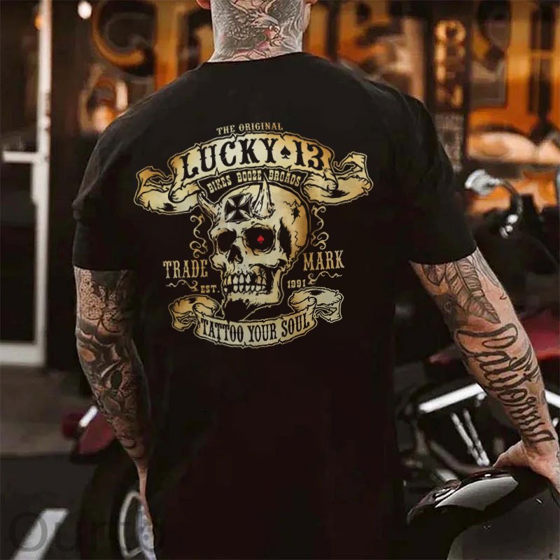 LUCKY THIRTEEN Skull Black Print T-shirt