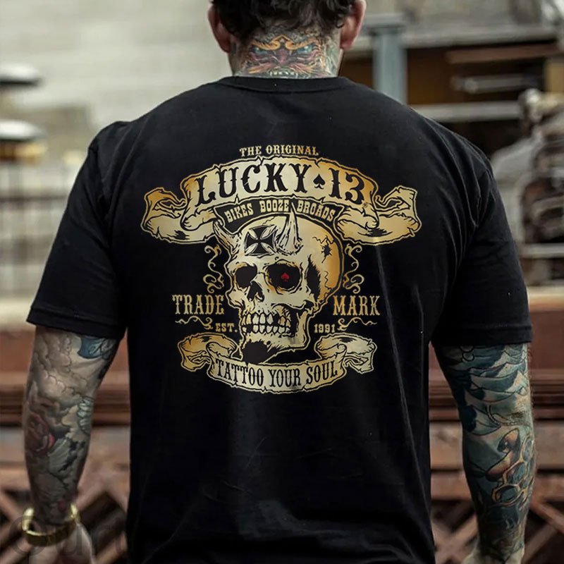 LUCKY THIRTEEN Skull Black Print T-shirt
