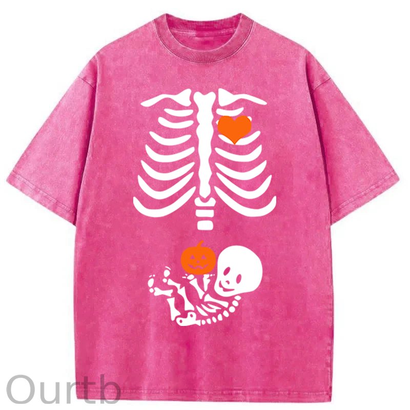 Skeleton Halloween Maternity Pregnancy Announcement Fall Mom Washed Cotton T-Shirt