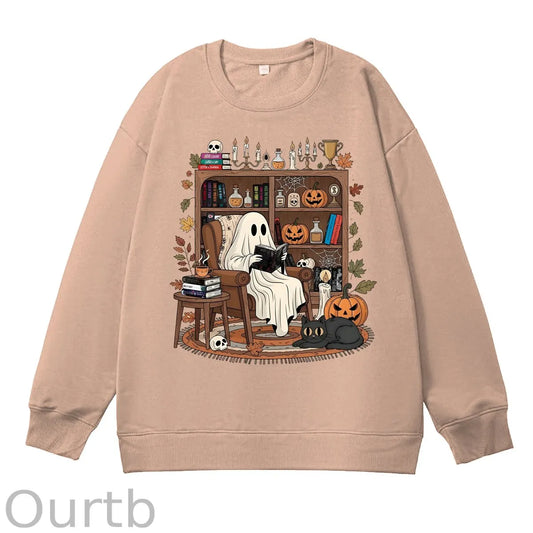 Retro Cozy Ghost Reading Halloween 100% Cotton Fall and Winter Sweatshirt