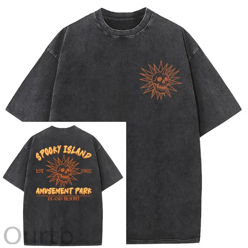 Spooky Island Cartoon Halloween Washed Cotton T-Shirt