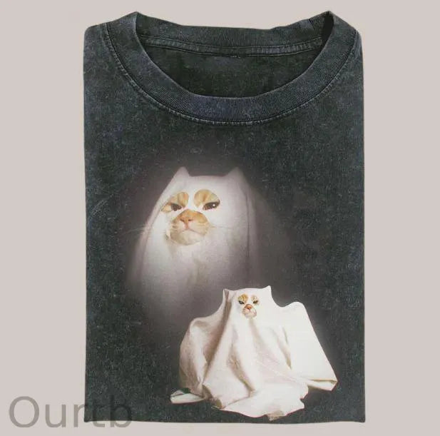 Retro Funny Vintage Ghost Kitten Cat Meme 100% Cotton T-Shirt