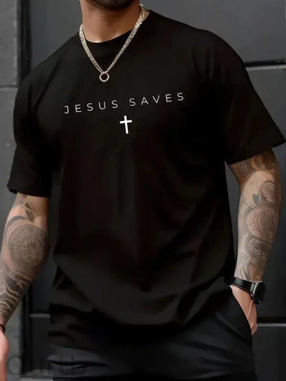 100% Cotton Jesus Saves Cross Subtle Christian Minimal Religious Faith T-Shirt, Western Outfits Shirts Men's Graphic Tees Top