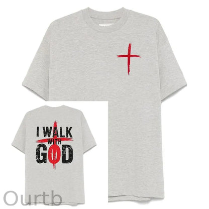I Walk With God Pattern Printing Print Crew Neck T-Shirt