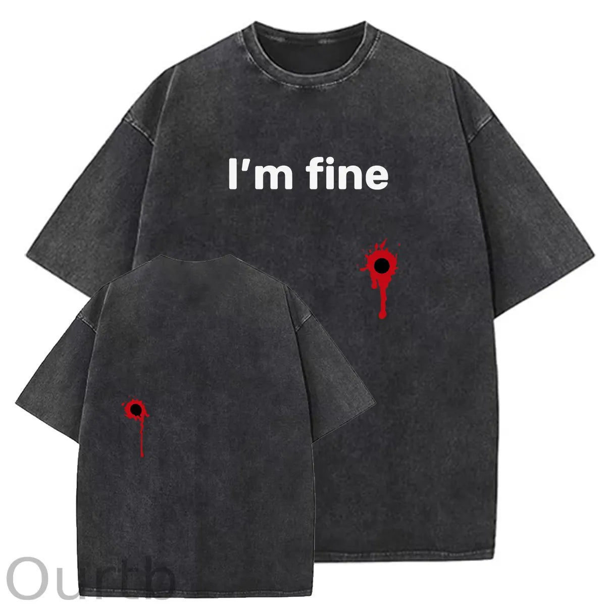 I'm Fine Pattern Washing And Aging Process Crew Neck T-Shirt