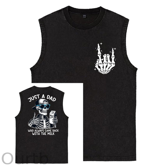 Just A Dad Who Always Came Back With The Milk Print Washed Cotton Sleeveless Tank Tops
