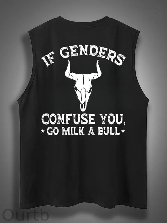 If Genders Confuse You Go Milk A Bull Print Cotton Sleeveless Tank Tops