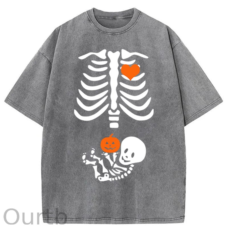 Skeleton Halloween Maternity Pregnancy Announcement Fall Mom Washed Cotton T-Shirt