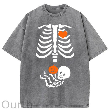 Skeleton Halloween Maternity Pregnancy Announcement Fall Mom Washed Cotton T-Shirt