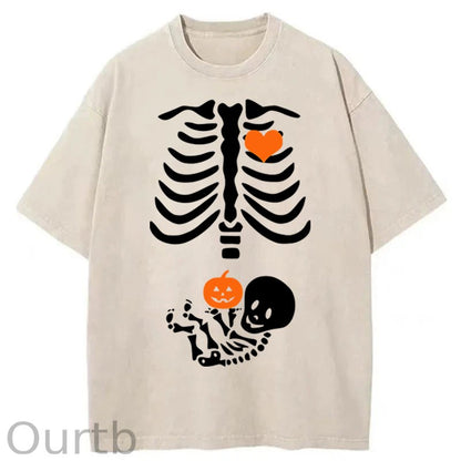 Skeleton Halloween Maternity Pregnancy Announcement Fall Mom Washed Cotton T-Shirt