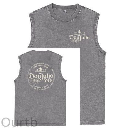 70th Anniversary Pattern Sleeveless Cotton Washed Printed Loose Vest