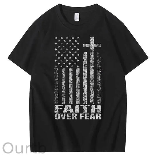 Faith Over Fear Amercian Flag Pattern Printing Print Crew Neck T-Shirt
