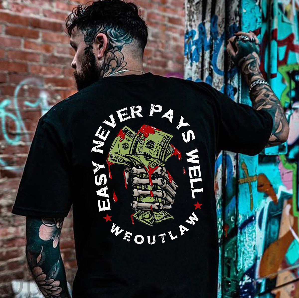 EASY NEVER PAYS WELL Bones and Money White Print T-Shirt