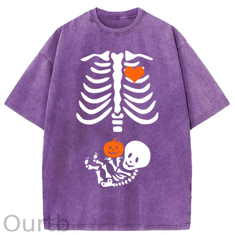 Skeleton Halloween Maternity Pregnancy Announcement Fall Mom Washed Cotton T-Shirt