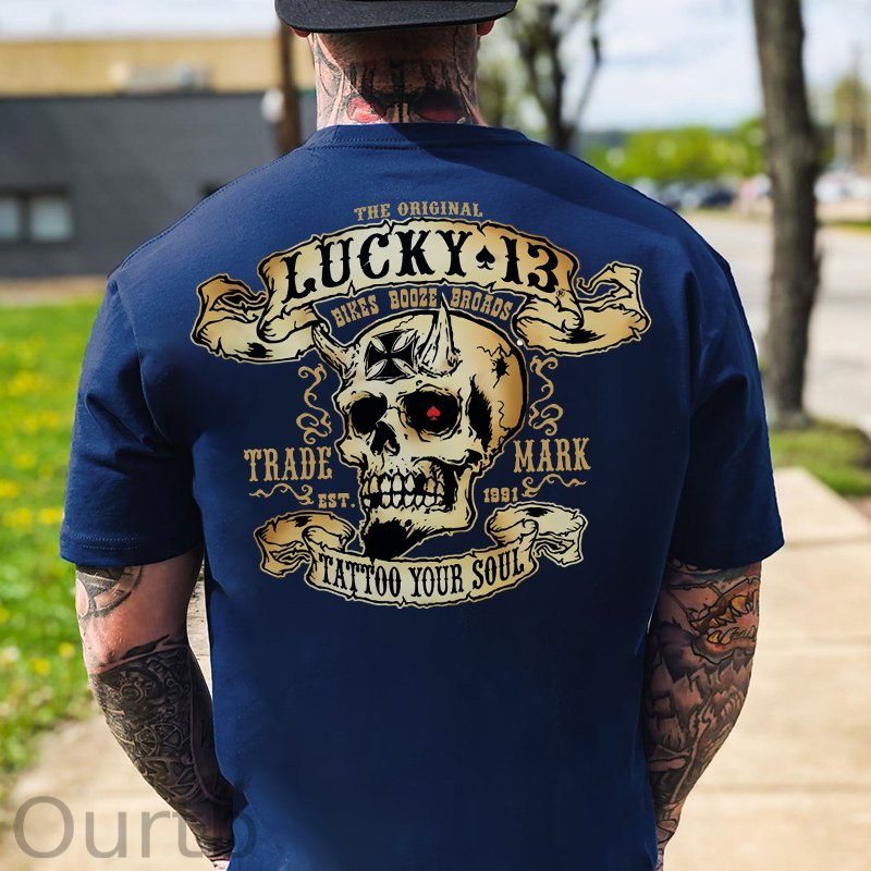 LUCKY THIRTEEN Skull Black Print T-shirt